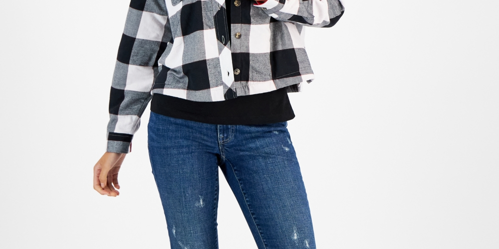 Tommy Jeans Women's Plaid Fleece Lined Hooded Shirt Jacket White Size X-Large