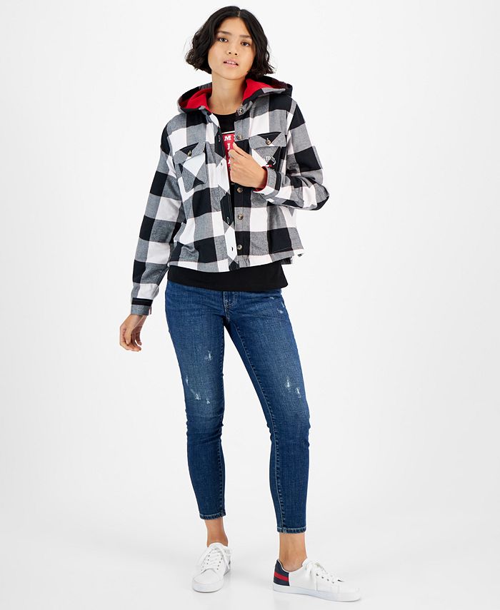 Tommy Jeans Women's Plaid Fleece Lined Hooded Shirt Jacket White Size Small