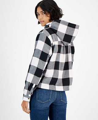 Tommy Jeans Women's Plaid Fleece Lined Hooded Shirt Jacket White Size Small