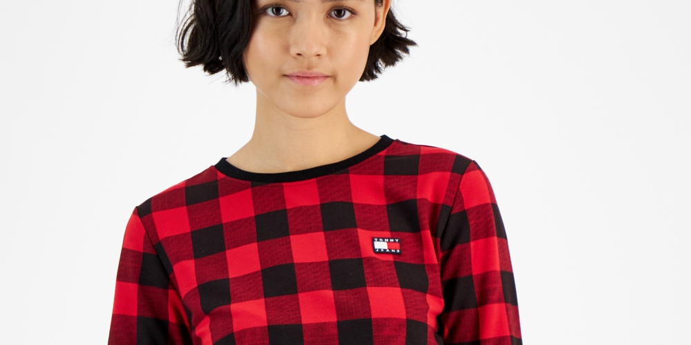 Tommy Jeans Women's Buffalo Plaid French Terry Sweatshirt Red Size Medium