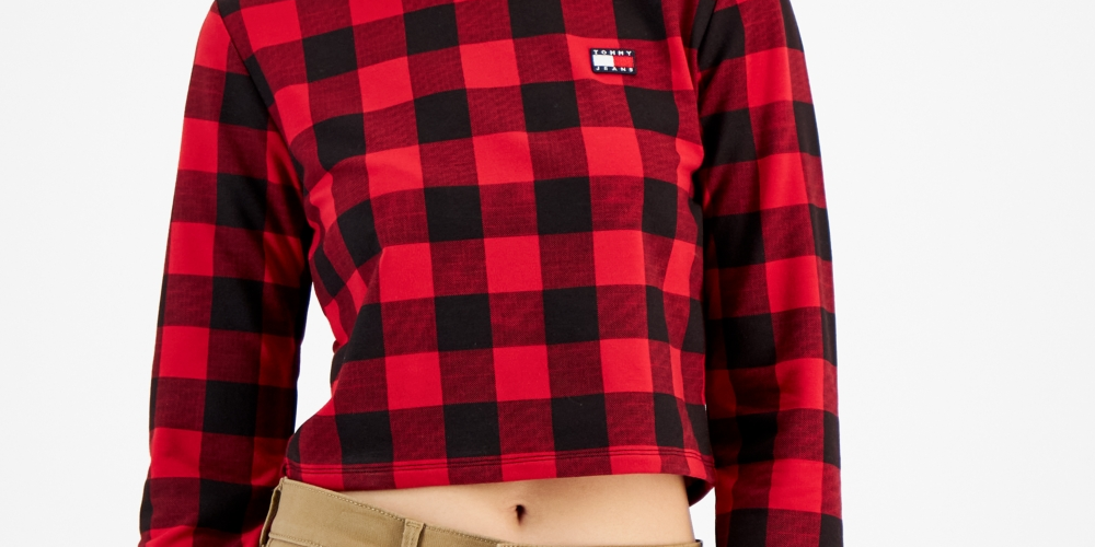 Tommy Jeans Women's Buffalo Plaid French Terry Sweatshirt Red Size Medium