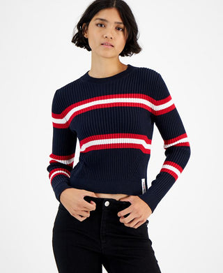 Tommy Jeans Womens Striped Ribbed Long Sleeve Crewneck Sweater Blue Size Large