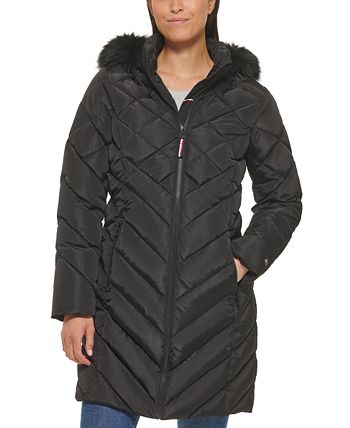 Tommy Hilfiger Women's Faux Fur Trim Hooded Puffer Coat Black Size Large