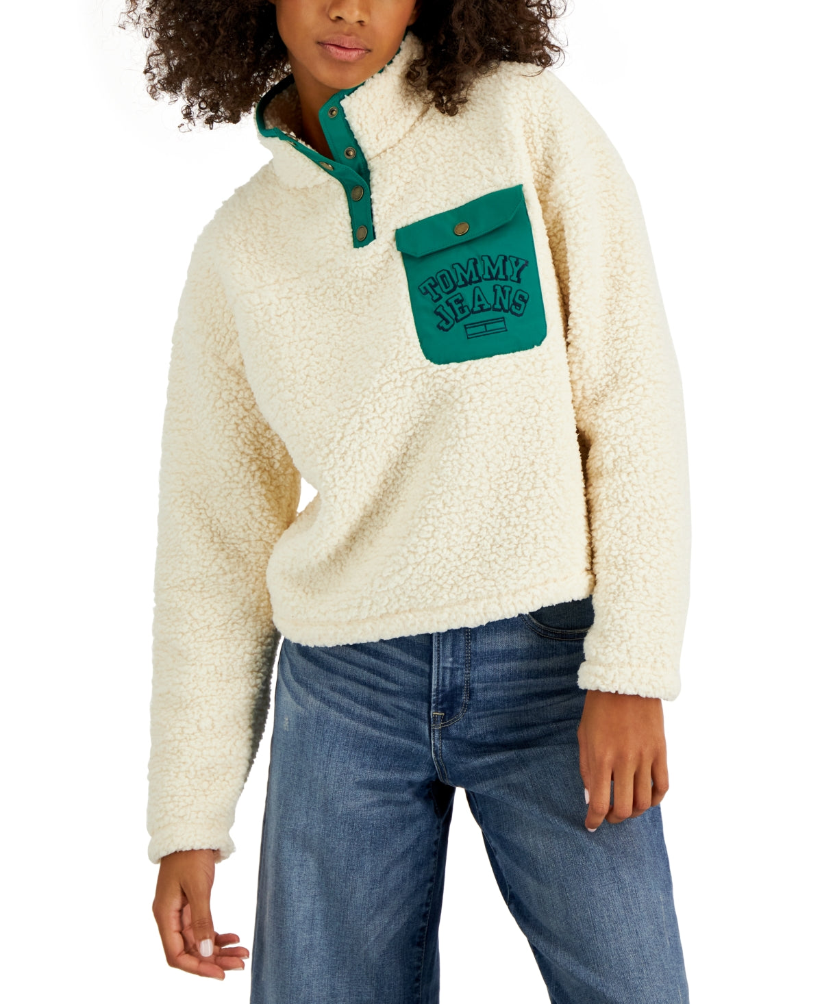 Tommy Jeans Women's Quarter Snap Sherpa Pullover White Size X-Large