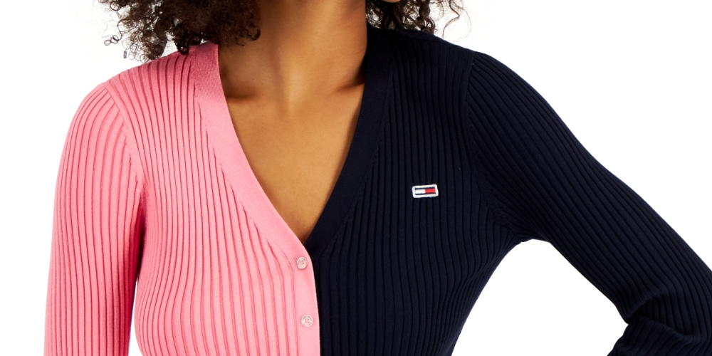 Tommy Jeans Women's V Neck Pullover Colorblock Sweater Pink Size Medium