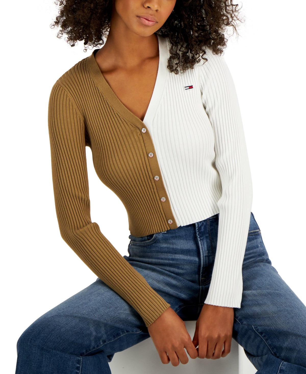 Tommy Jeans Women's V Neck Pullover Colorblock Sweater Beige Size X-Large