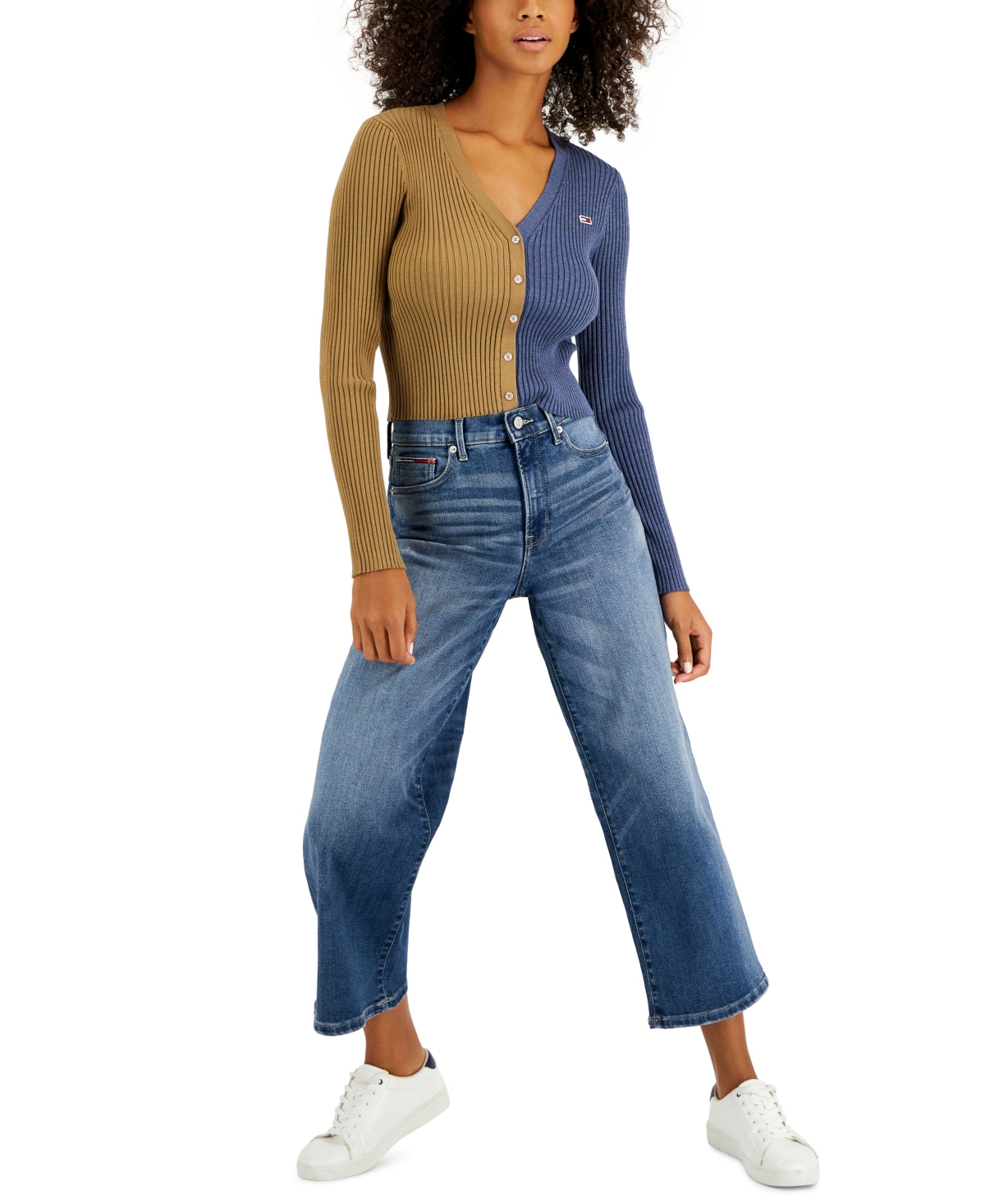 Tommy Jeans Women's V Neck Pullover Colorblock Sweater Blue Size Small