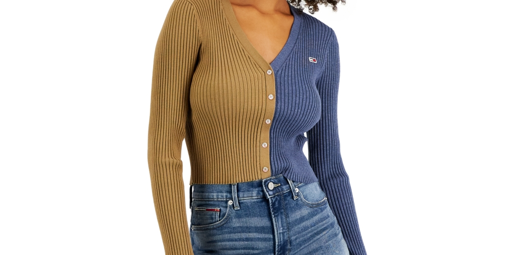 Tommy Jeans Women's V Neck Pullover Colorblock Sweater Blue Size Small