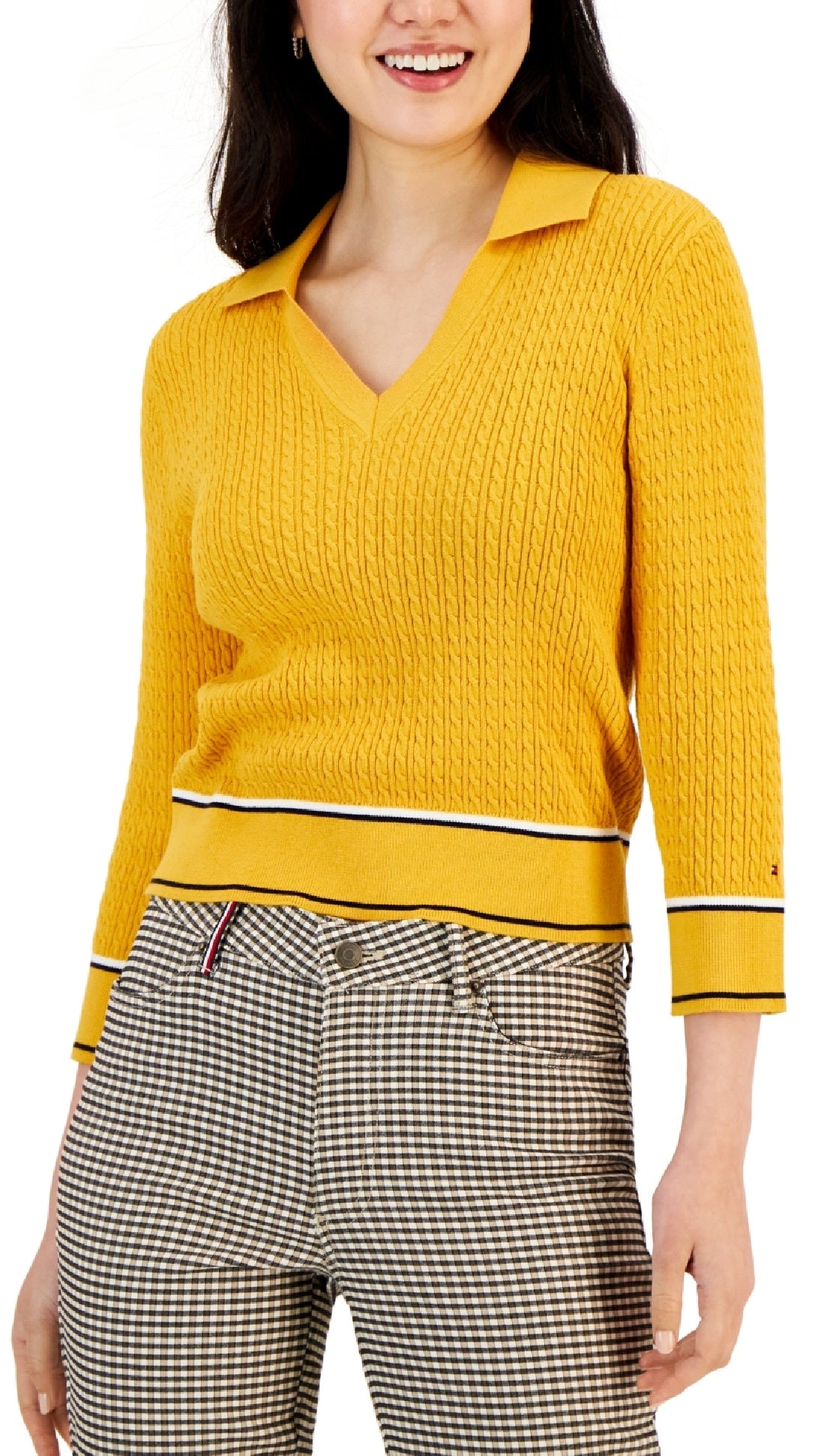 Tommy Hilfiger Women's Cotton Johnny Collar Cable Knit Sweater Yellow