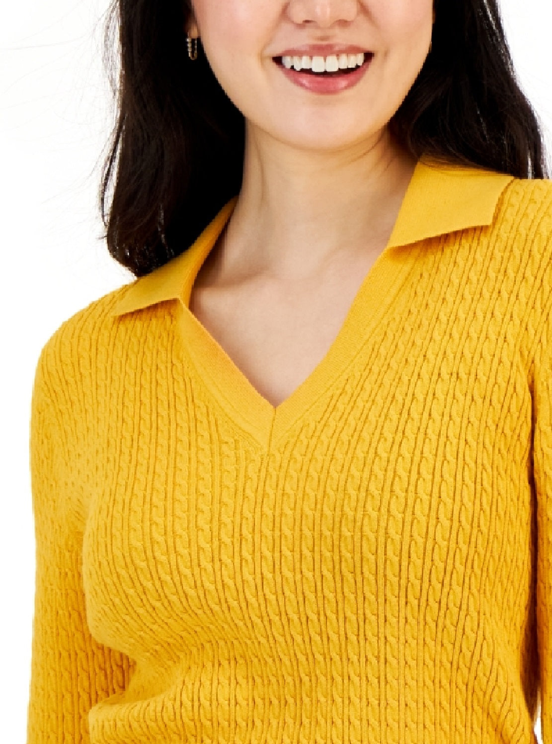 Tommy Hilfiger Women's Cotton Johnny Collar Cable Knit Sweater Yellow