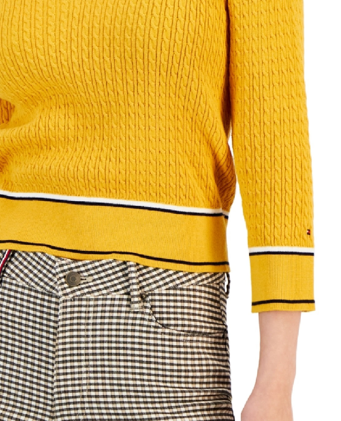 Tommy Hilfiger Women's Cotton Johnny Collar Cable Knit Sweater Yellow
