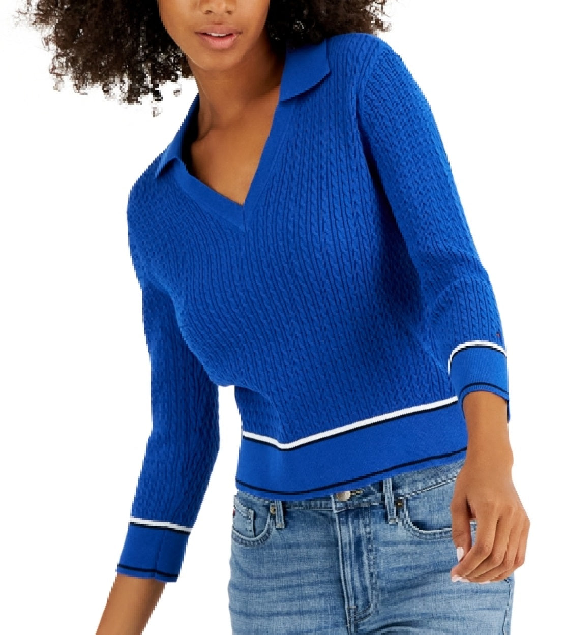 Tommy Hilfiger Women's Cotton Johnny Collar Cable Knit Sweater Blue Size Large