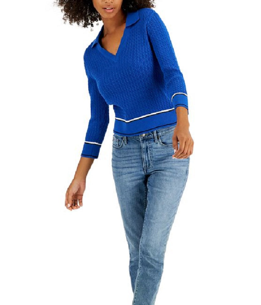 Tommy Hilfiger Women's Cotton Johnny Collar Cable Knit Sweater Blue