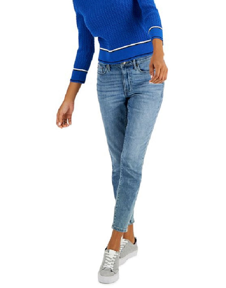 Tommy Hilfiger Women's Cotton Johnny Collar Cable Knit Sweater Blue