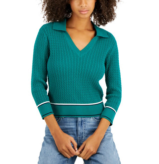 Tommy Hilfiger Women's Cotton Johnny Collar Cable Knit Sweater Green Size Medium