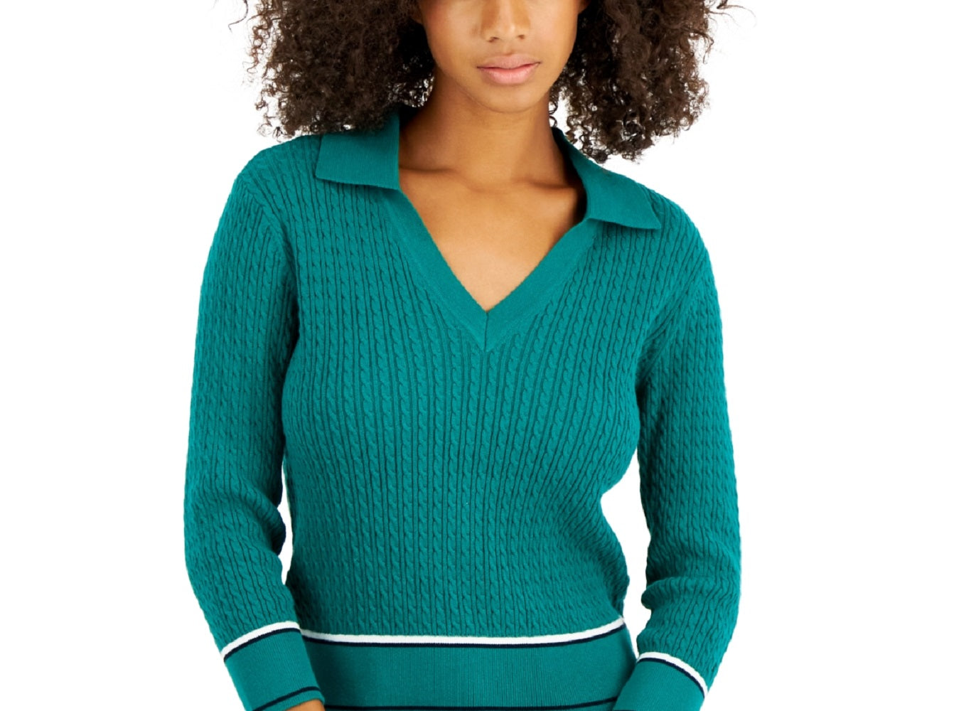 Tommy Hilfiger Women's Cotton Johnny Collar Cable Knit Sweater Green Size Medium