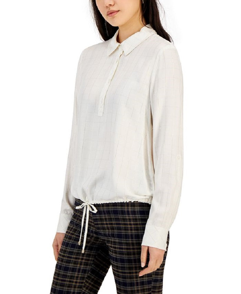 Tommy Hilfiger Women's Tie Hem Roll Tab Lurex Check Top White Size Small