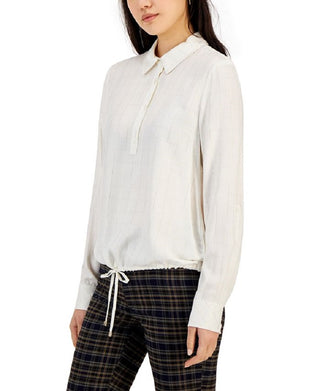 Tommy Hilfiger Women's Tie Hem Roll Tab Lurex Check Top White Size Small