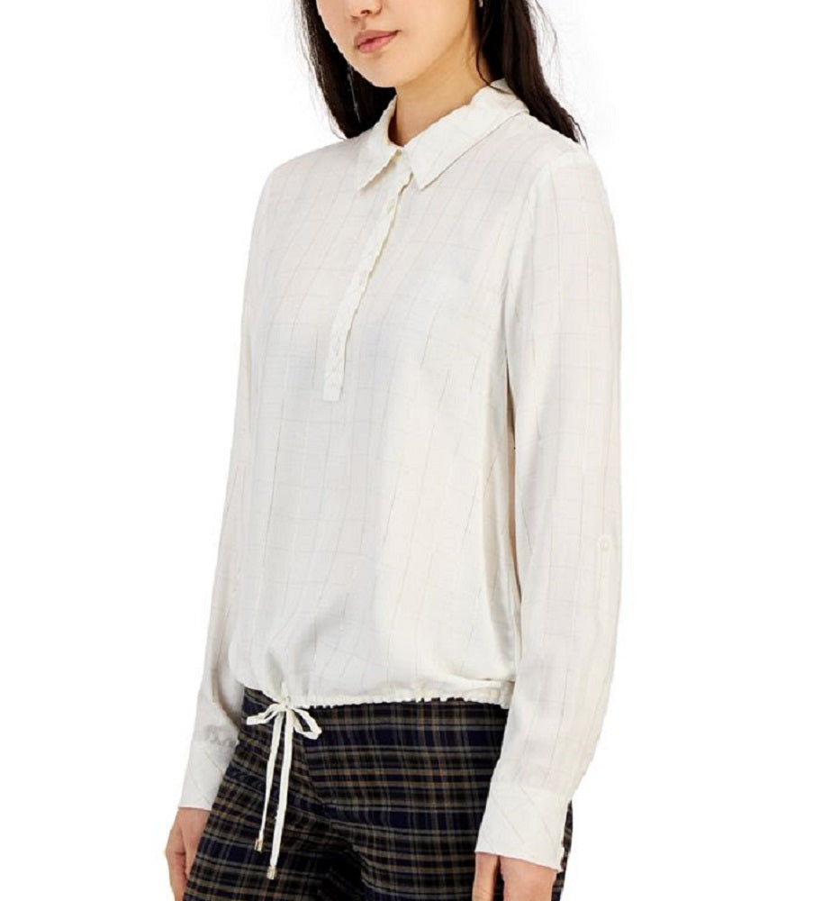 Tommy Hilfiger Women's Tie Hem Roll Tab Lurex Check Top White Size Small