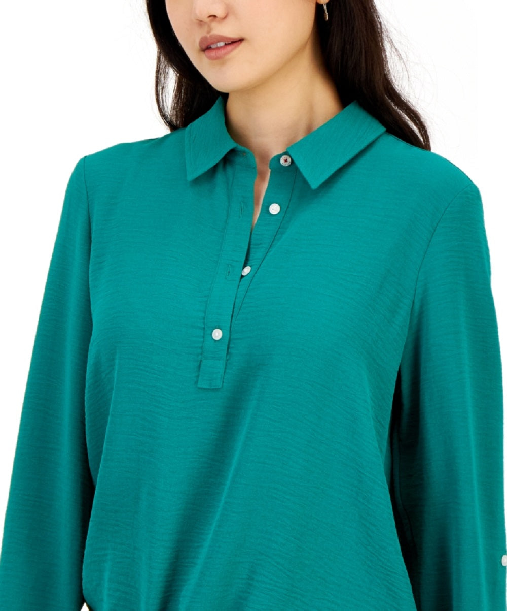 Tommy Hilfiger Women's Point Collar Roll Tab Sleeve Top Green Size X-Small