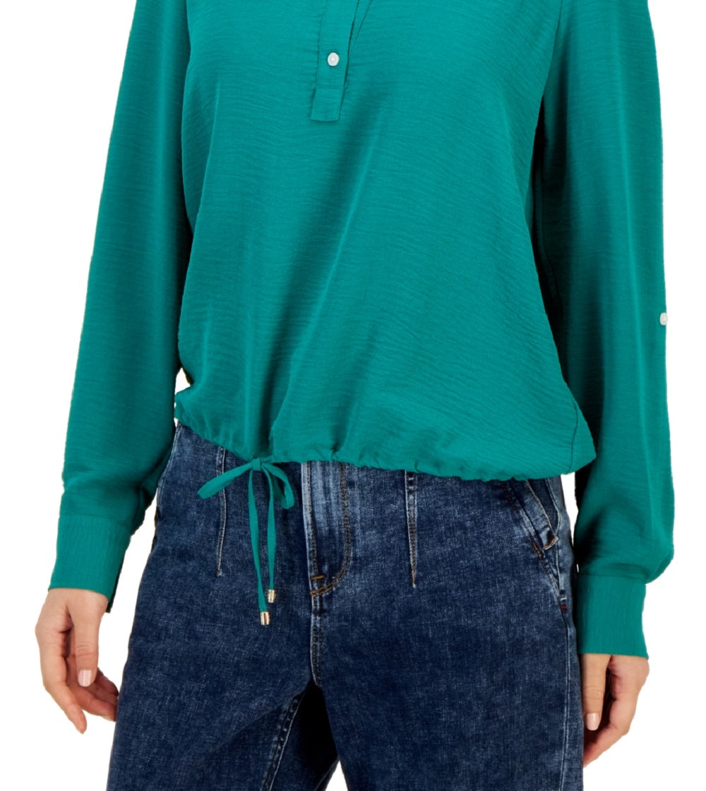 Tommy Hilfiger Women's Point Collar Roll Tab Sleeve Top Green Size X-Small