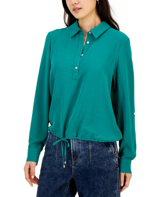 Tommy Hilfiger Women's Point Collar Roll Tab Sleeve Top Green Size X-Small