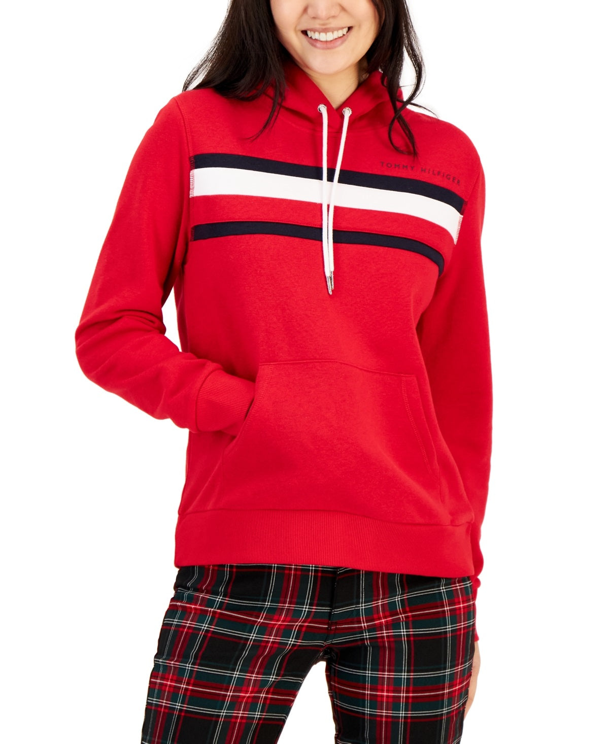 Tommy Hilfiger Women's Front Pocket Logo Pullover Hooded Sweatshirt Red Size XX-Large