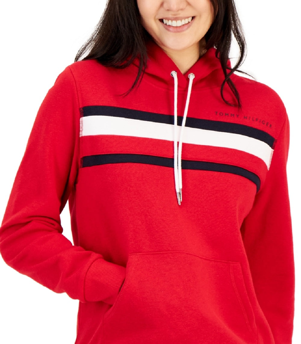 Tommy Hilfiger Women's Front Pocket Logo Pullover Hooded Sweatshirt Red Size XX-Large