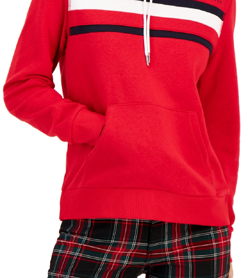 Tommy Hilfiger Women's Front Pocket Logo Pullover Hooded Sweatshirt Red Size XX-Large