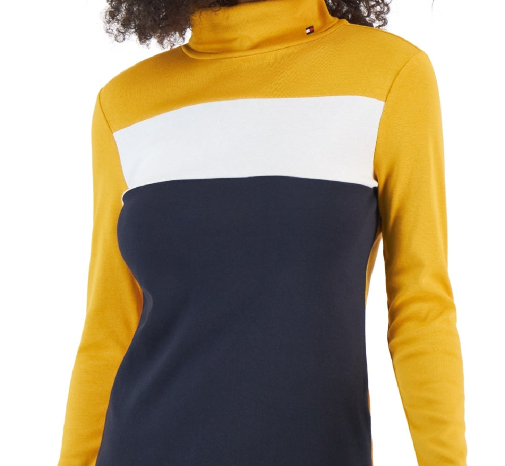 Tommy Hilfiger Women's Cotton Turtleneck Colorblocked Long Sleeve Top Yellow Size X-Large