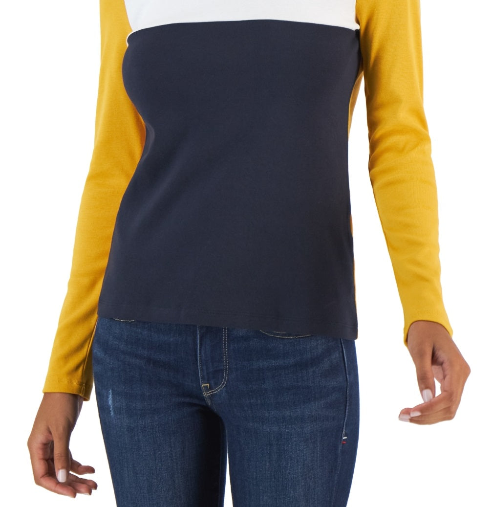 Tommy Hilfiger Women's Cotton Turtleneck Colorblocked Long Sleeve Top Yellow Size X-Large