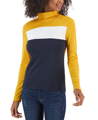 Tommy Hilfiger Women's Cotton Turtleneck Colorblocked Long Sleeve Top Yellow Size X-Large