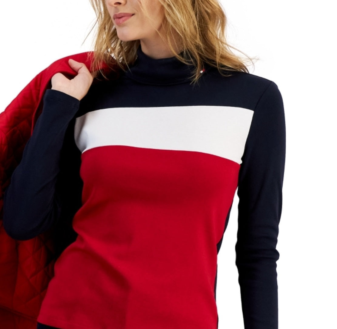 Tommy Hilfiger Women's Cotton Turtleneck Colorblocked Long Sleeve Top Blue