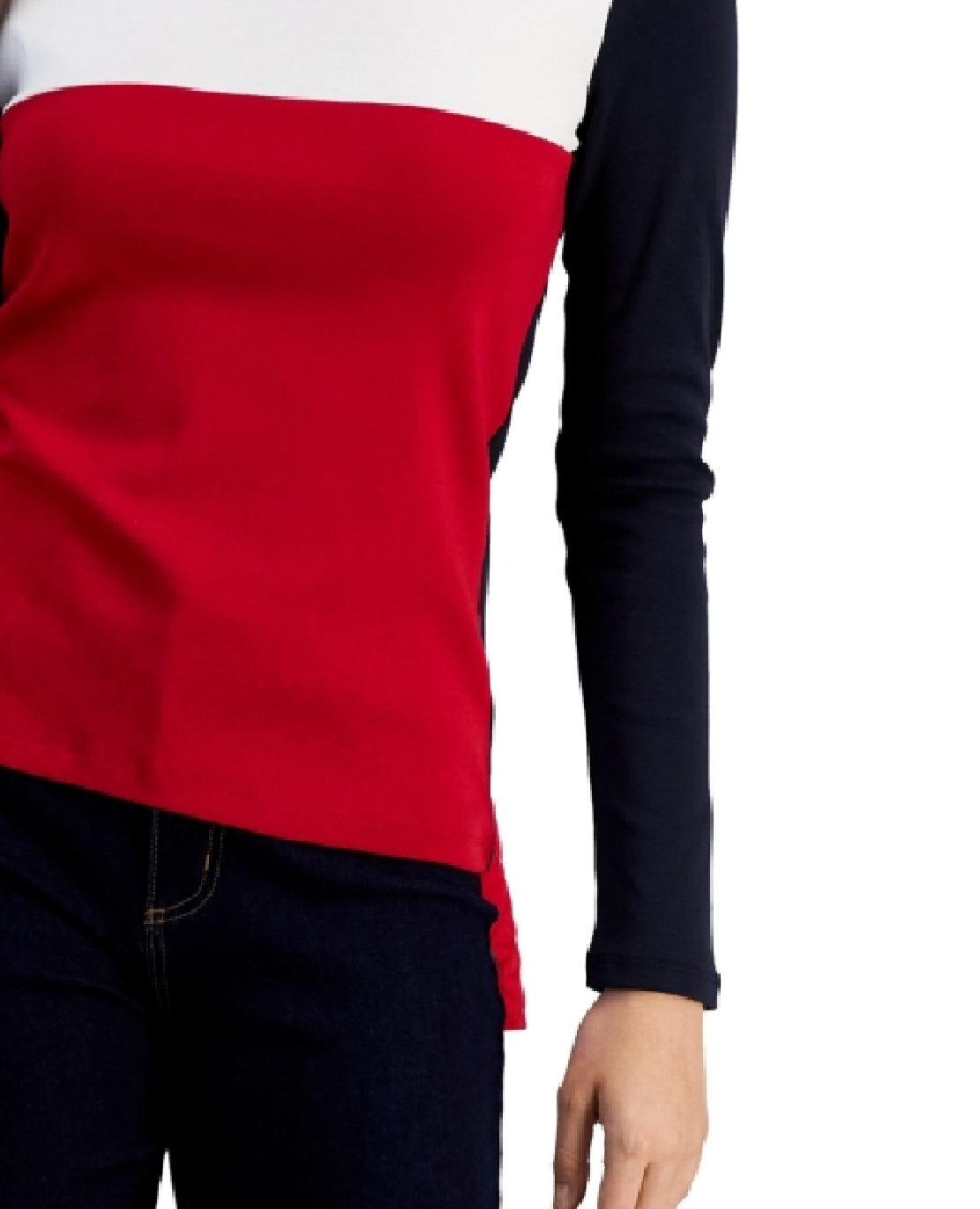 Tommy Hilfiger Women's Cotton Turtleneck Colorblocked Long Sleeve Top Blue Size Large