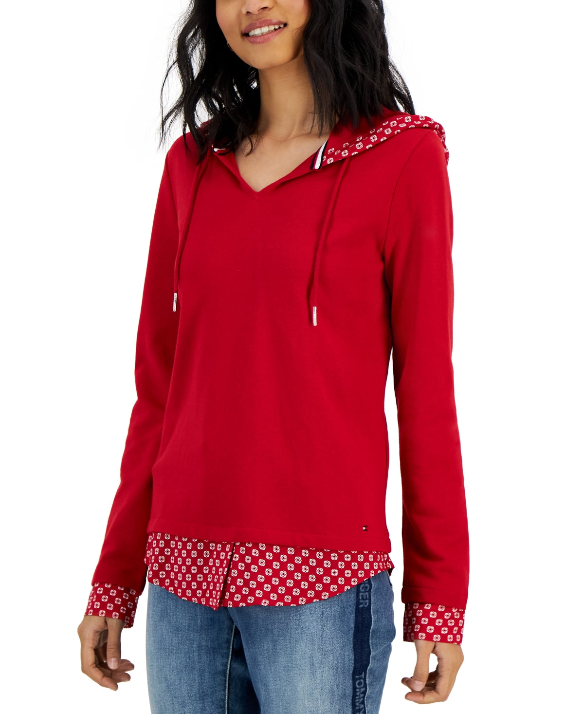 Tommy Hilfiger Women's Layered Look French Terry Hoodie Top Red Size Medium