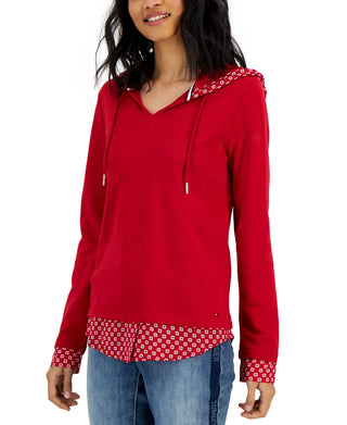 Tommy Hilfiger Women's Layered Look French Terry Hoodie Top Red Size Medium