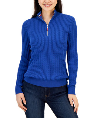 Tommy Hilfiger Women's Cotton Mock Turtleneck Cable Knit Sweater Blue Size Medium