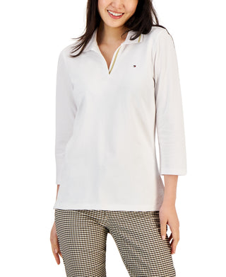 Tommy Hilfiger Women's Striped Johnny Collar 3/4 Sleeve Polo Top White Size XX-Large