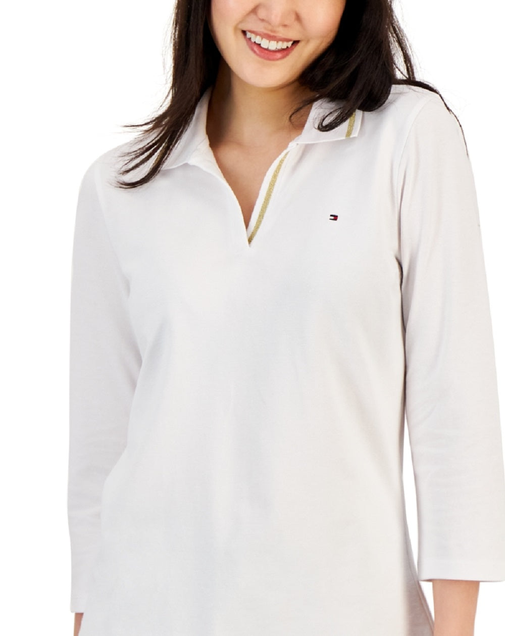 Tommy Hilfiger Women's Striped Johnny Collar 3/4 Sleeve Polo Top White Size XX-Large