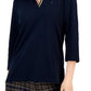 Tommy Hilfiger Women's Striped Johnny Collar 3/4 Sleeve Polo Top Blue Size Medium