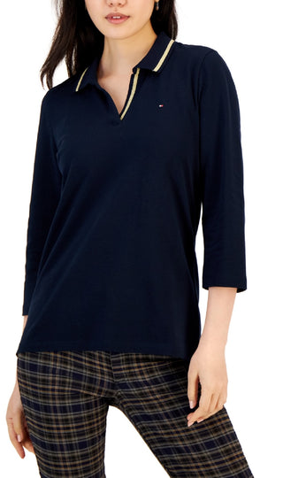 Tommy Hilfiger Women's Striped Johnny Collar 3/4 Sleeve Polo Top Blue Size Medium