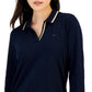 Tommy Hilfiger Women's Striped Johnny Collar 3/4 Sleeve Polo Top Blue Size Medium