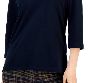 Tommy Hilfiger Women's Striped Johnny Collar 3/4 Sleeve Polo Top Blue Size Medium