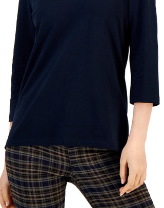 Tommy Hilfiger Women's Striped Johnny Collar 3/4 Sleeve Polo Top Blue