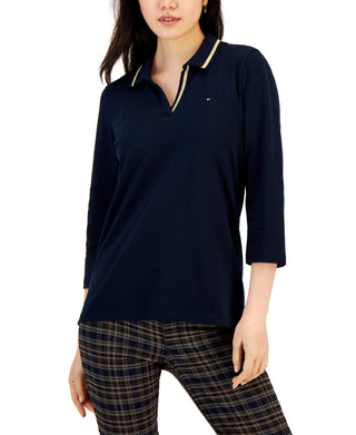 Tommy Hilfiger Women's Striped Johnny Collar 3/4 Sleeve Polo Top Blue