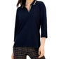 Tommy Hilfiger Women's Striped Johnny Collar 3/4 Sleeve Polo Top Blue