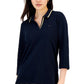 Tommy Hilfiger Women's Striped Johnny Collar 3/4 Sleeve Polo Top Blue