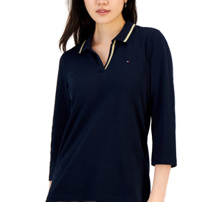 Tommy Hilfiger Women's Striped Johnny Collar 3/4 Sleeve Polo Top Blue