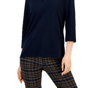 Tommy Hilfiger Women's Striped Johnny Collar 3/4 Sleeve Polo Top Blue