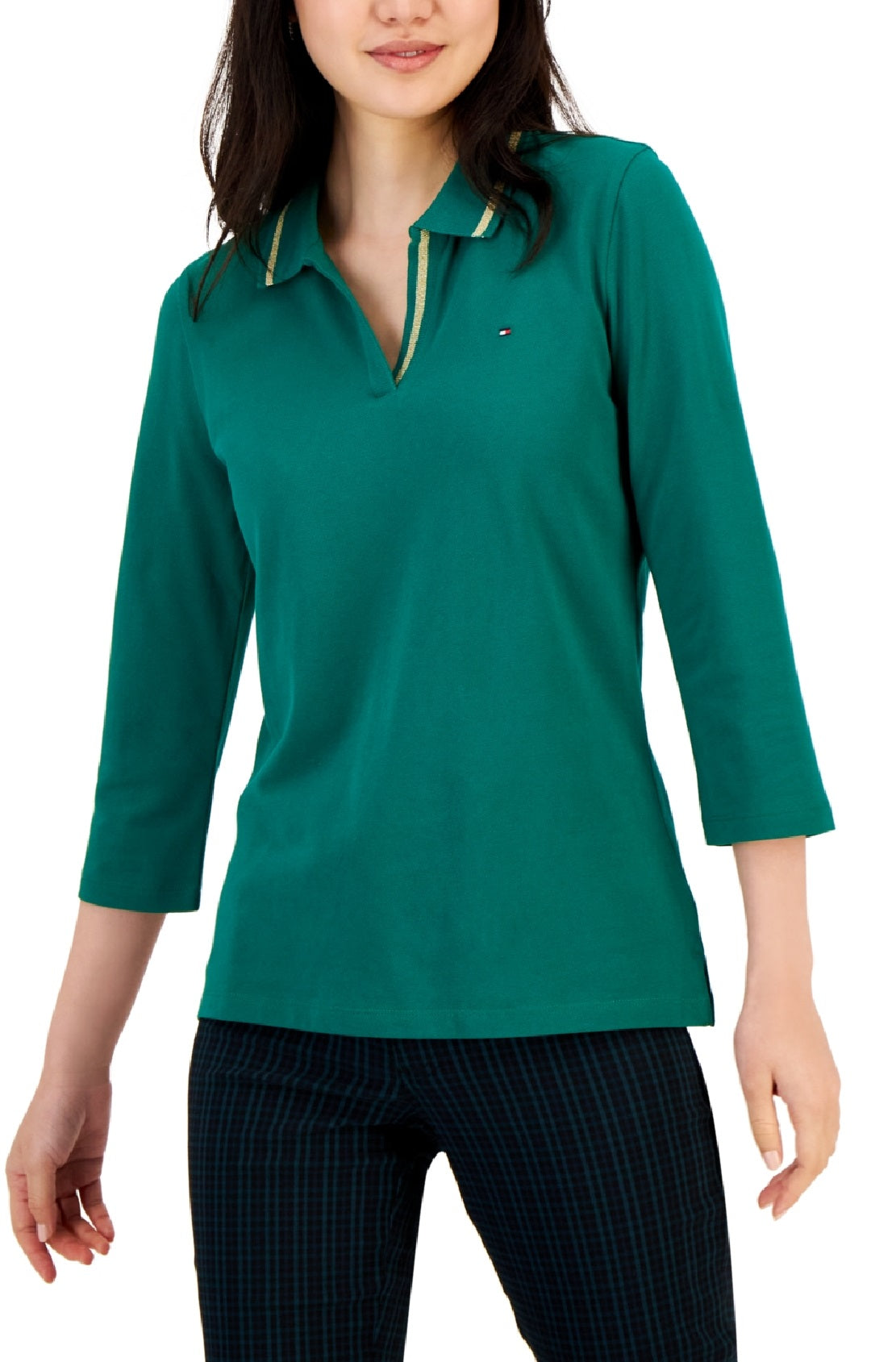 Tommy Hilfiger Women's Striped Johnny Collar 3/4 Sleeve Polo Top Green